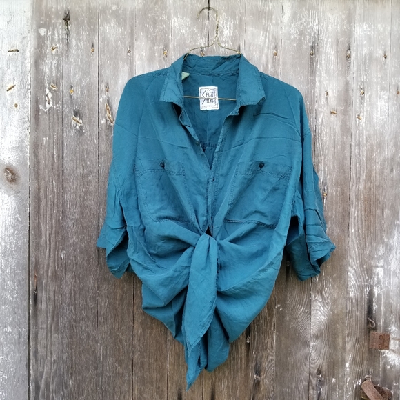 VTG 90s Turquoise Teal Silk Boxy Button Up Shirt - Picture 9 of 11